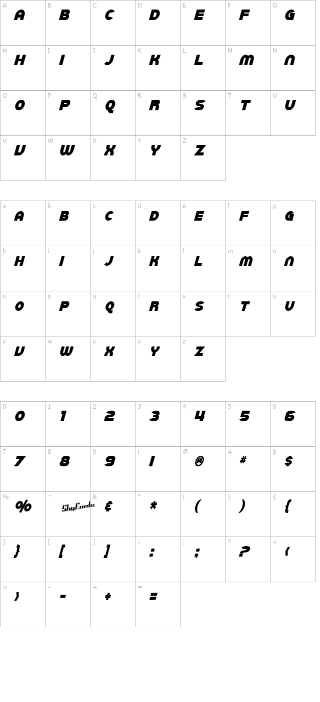 SF Juggernaut Condensed Bold Italic character map