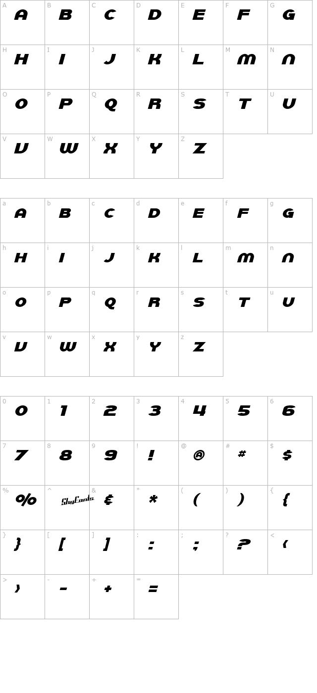 SF Juggernaut Italic character map