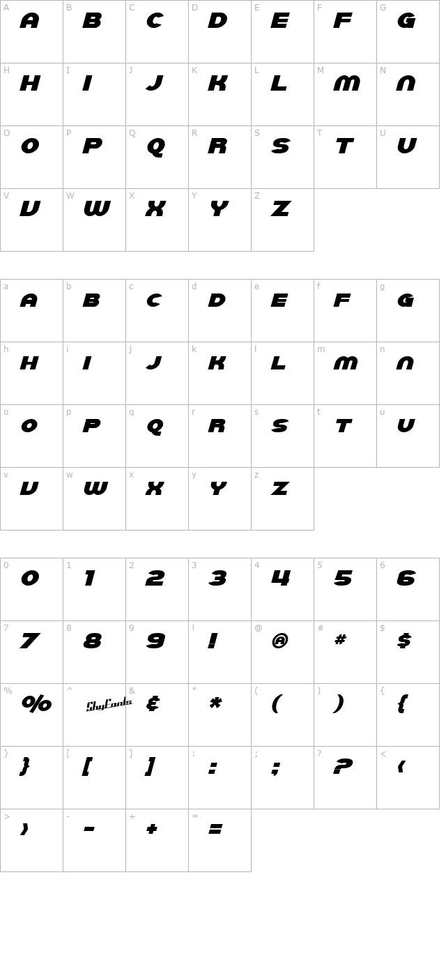 SF Juggernaut2 Bold Italic character map