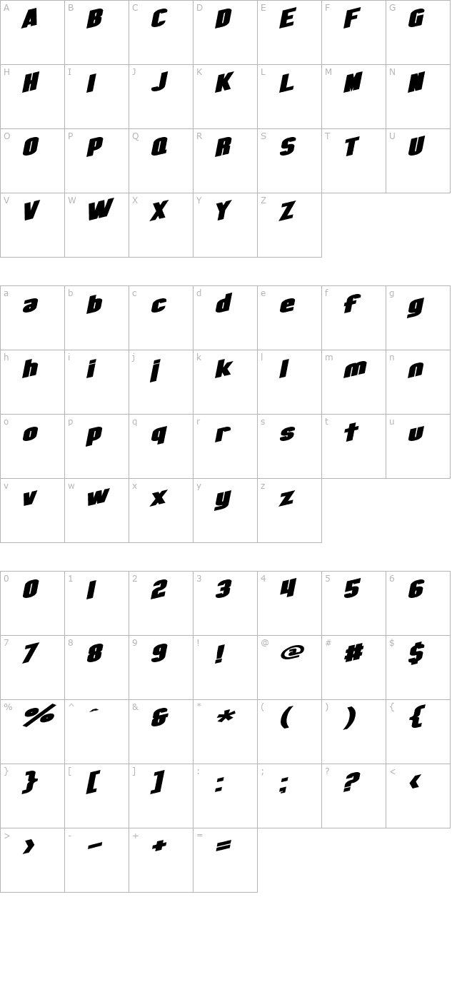 SF Obliquities Extended Bold character map