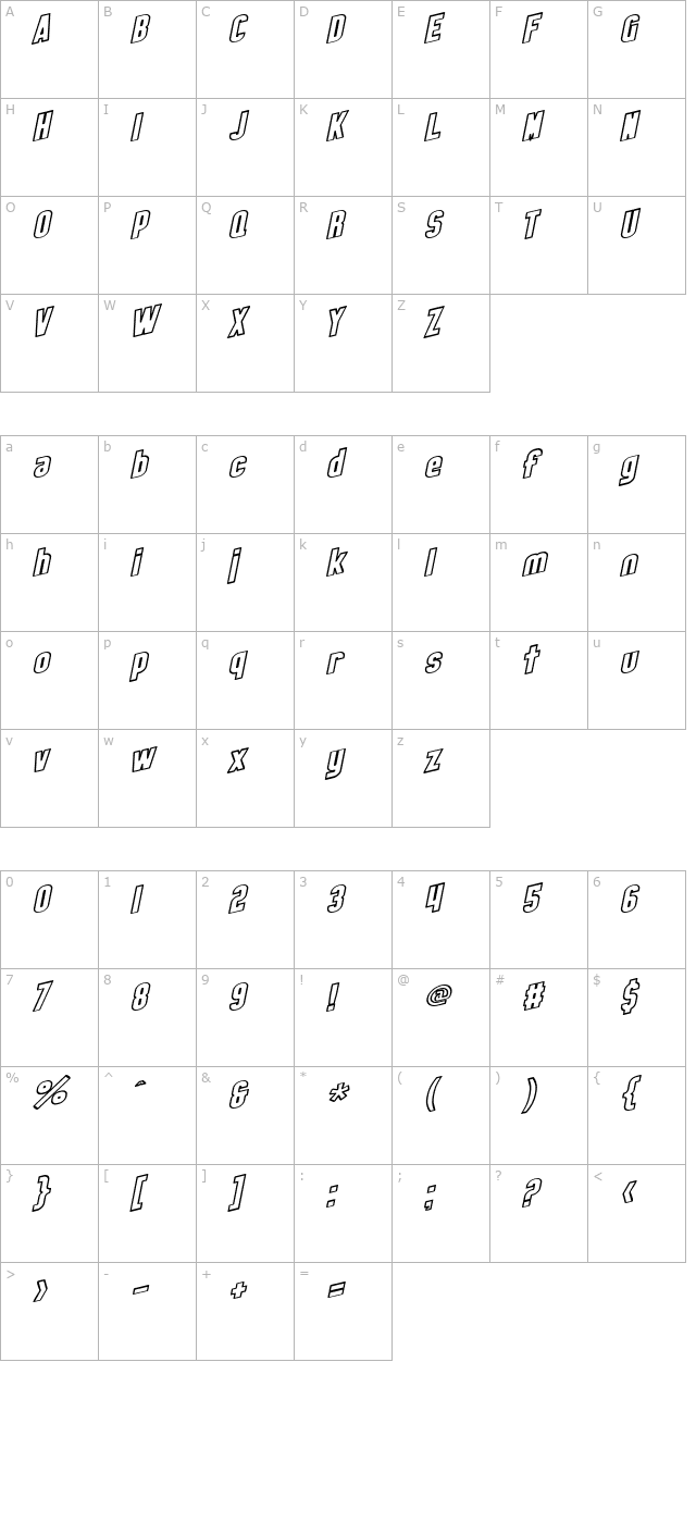 SF Obliquities Outline Bold character map