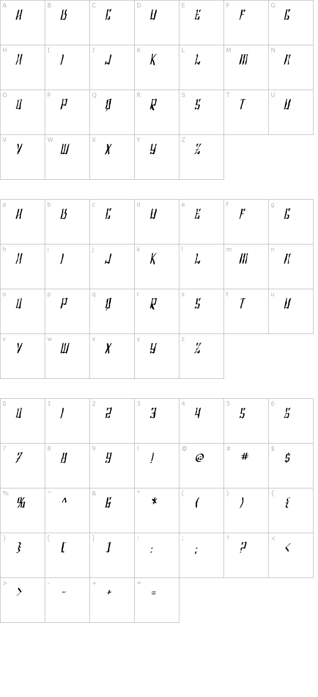 SF Shai Fontai Distressed Oblique character map