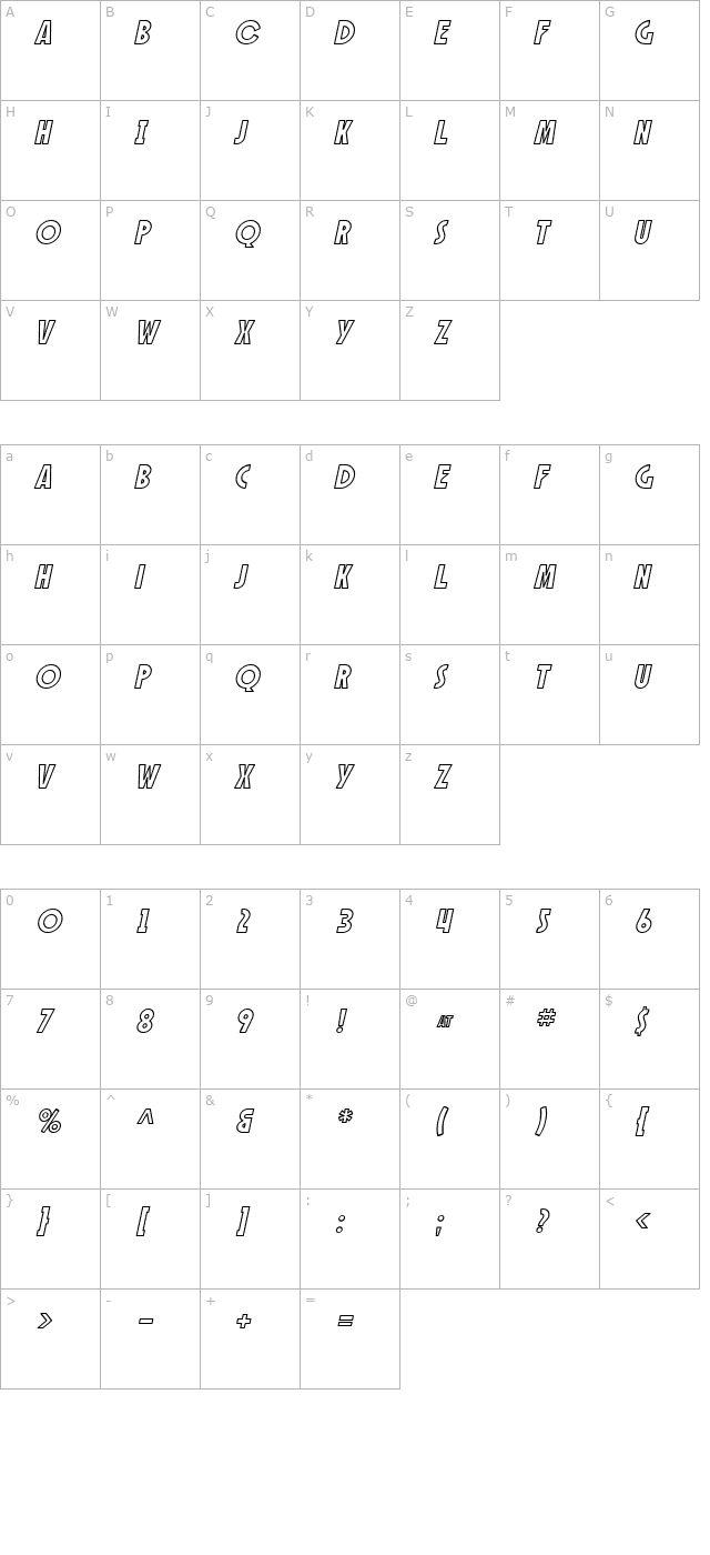 SF Speakeasy Outline Oblique character map