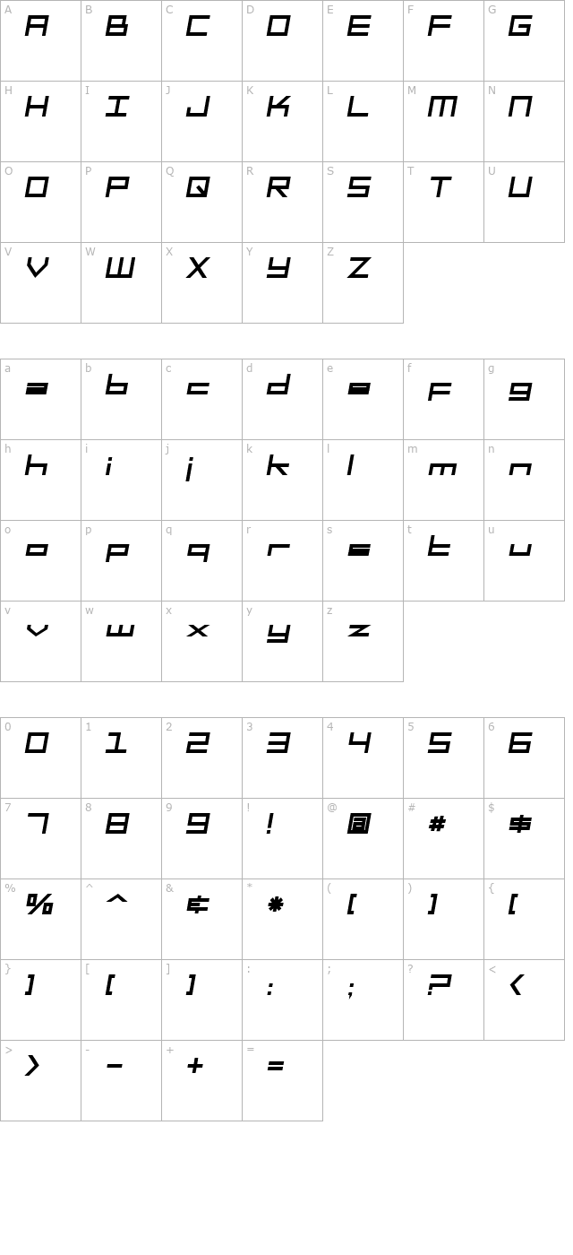 SF Square Head Bold Italic character map