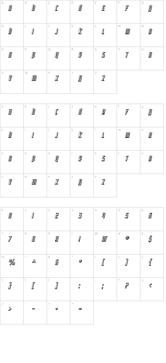 SF Square Root Shaded Oblique character map