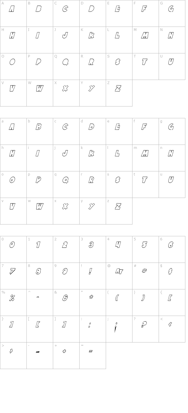 SF Tattle Tales Outline Italic character map