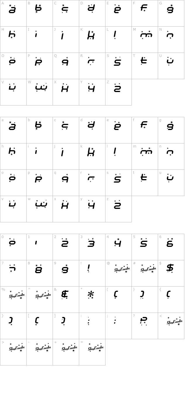 SF Technodelight Bold Italic character map