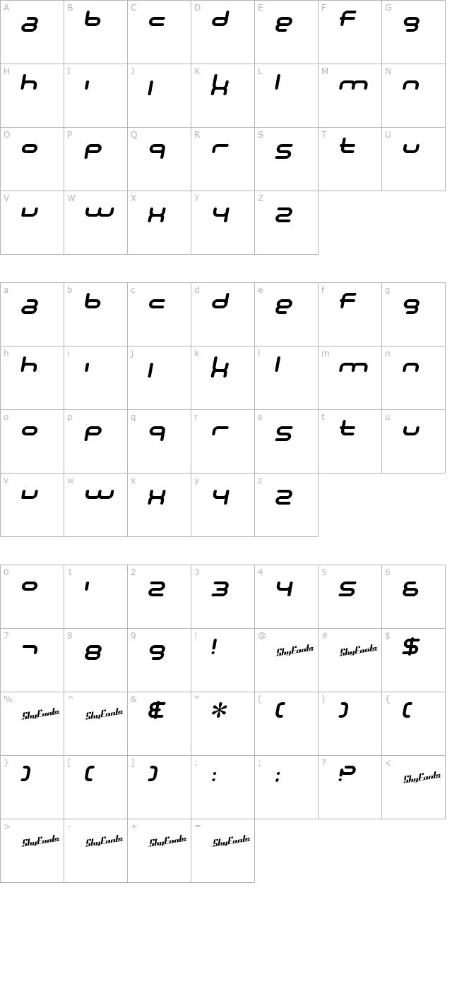 SF Technodelight NS Bold Italic character map