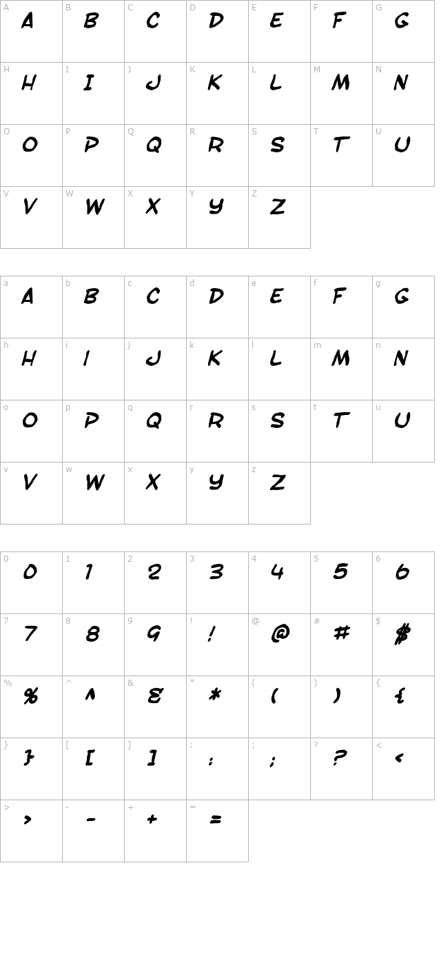 sf-toontime-blotch-bold-italic character map