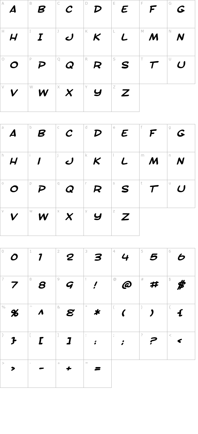 SF Toontime Extended Bold Italic character map