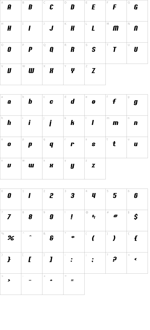 SF Willamette Extended Bold Italic character map