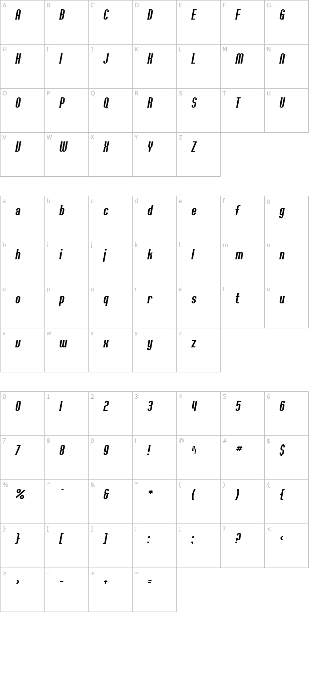 SF Willamette Italic character map