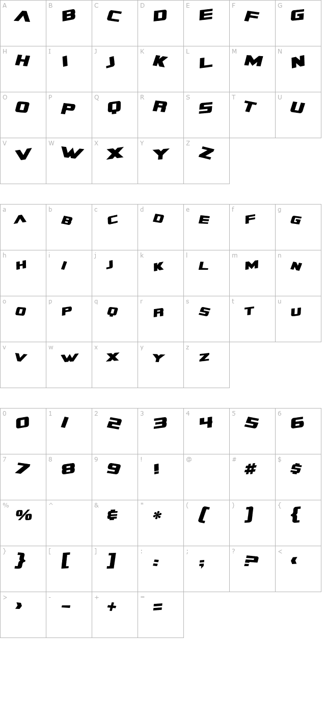 sf-zero-gravity-bold-italic character map