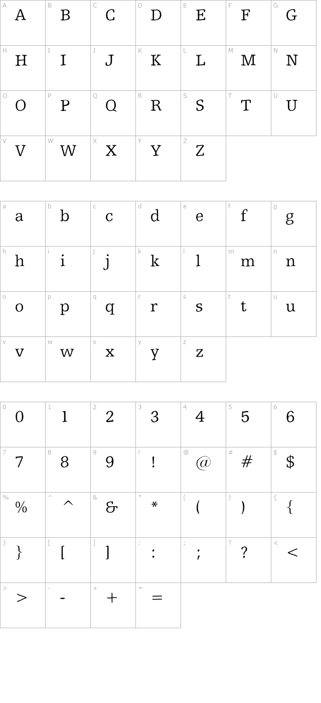 shakeyslabserif character map