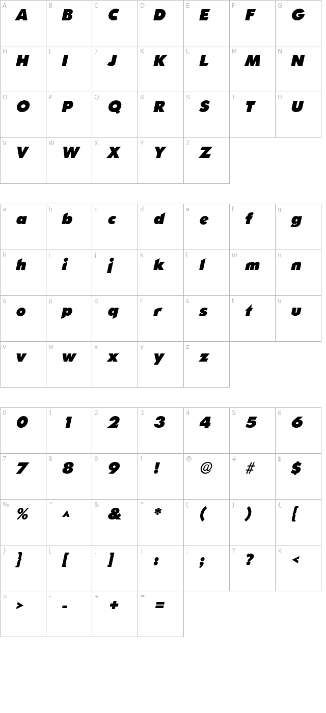 sharnayblack-italic character map