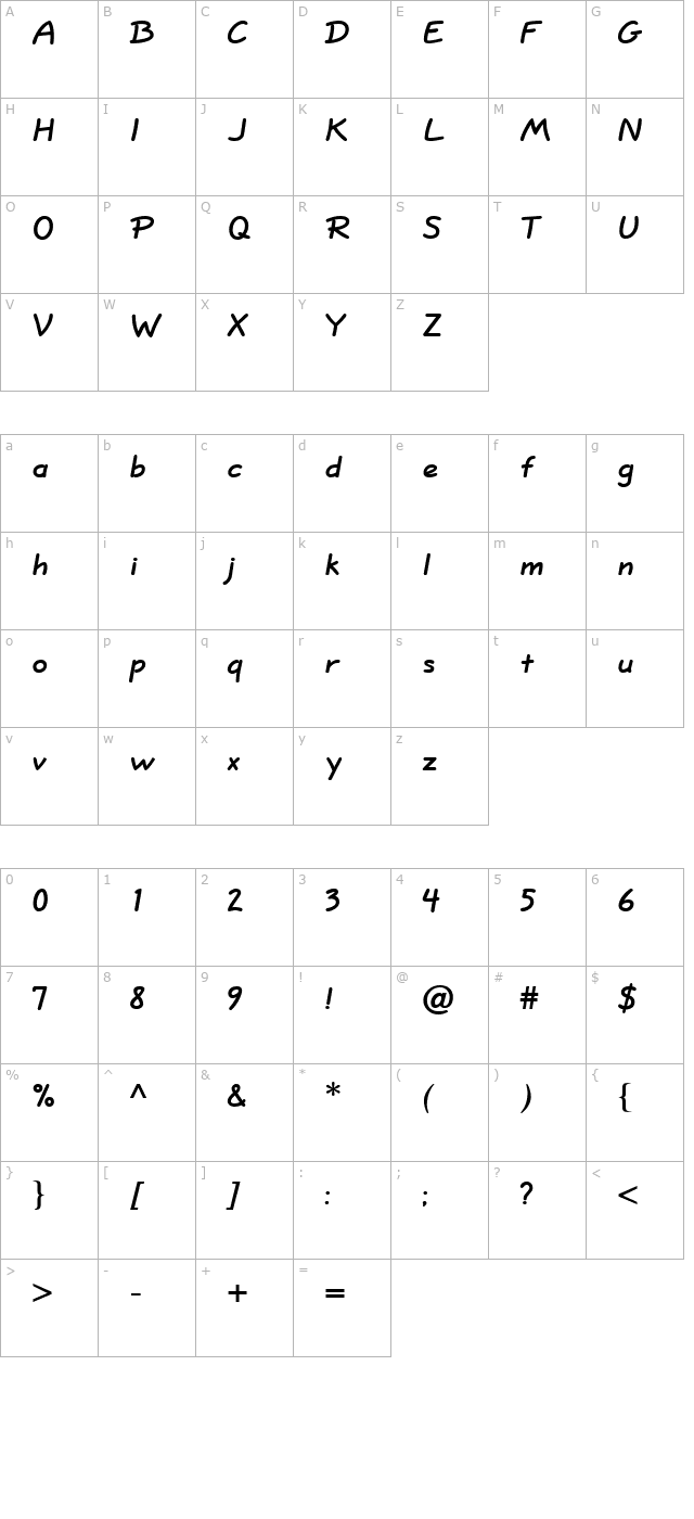 Short Hand Bold character map