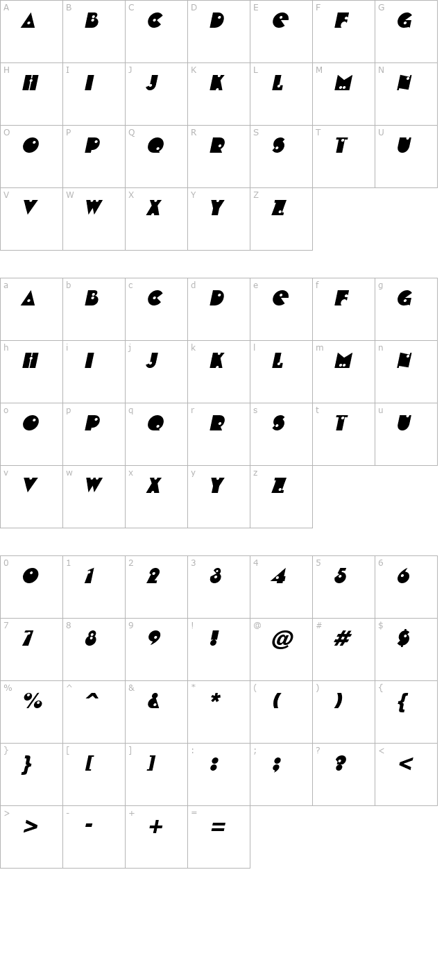 shotshell-italic character map