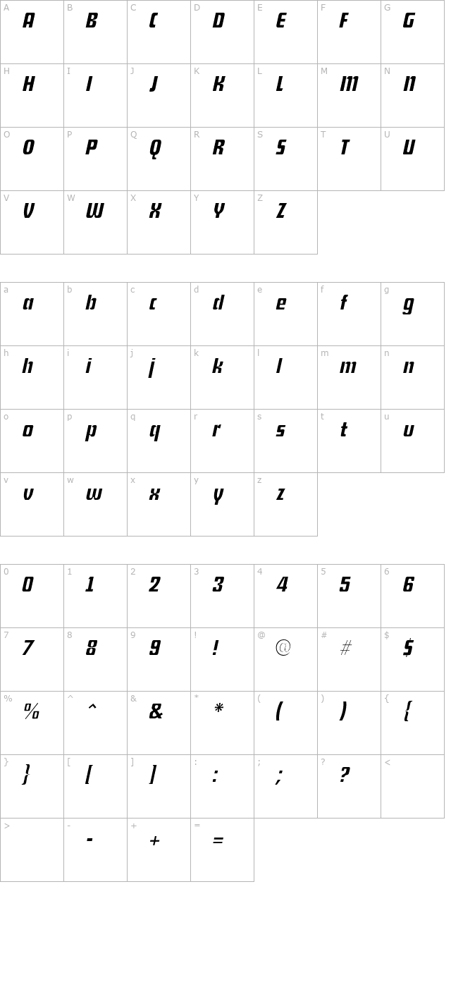 shylock-italic character map