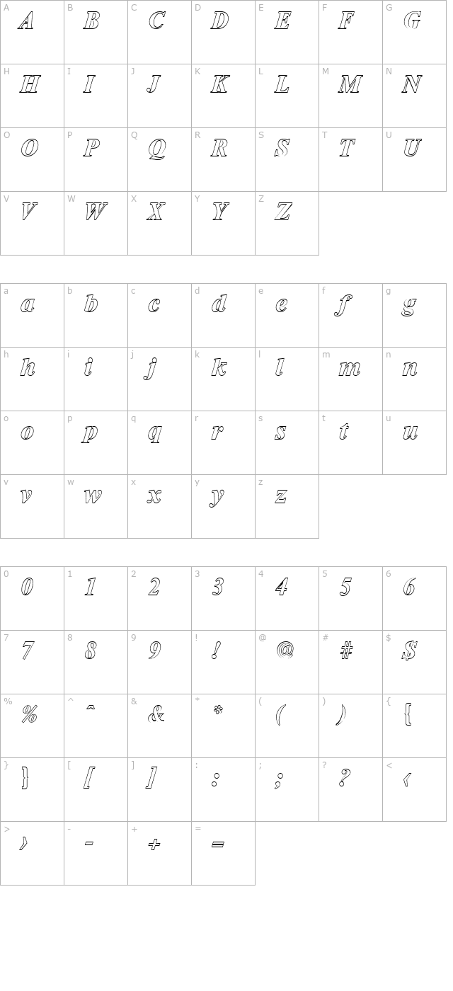 SimonBeckerOutline-BoldItalic character map