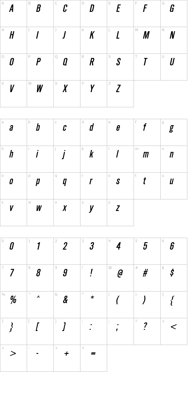 SimpleType Italic character map