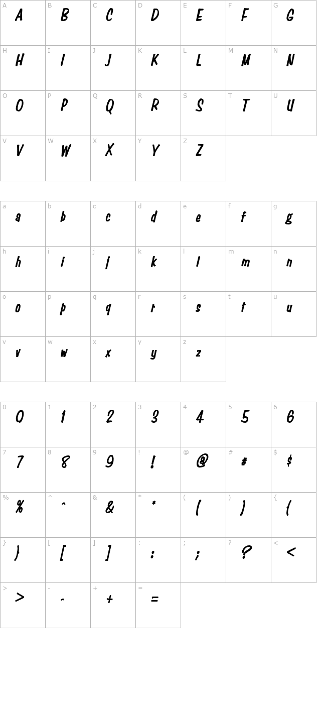 Simpson Condensed Heavy BoldItalic character map