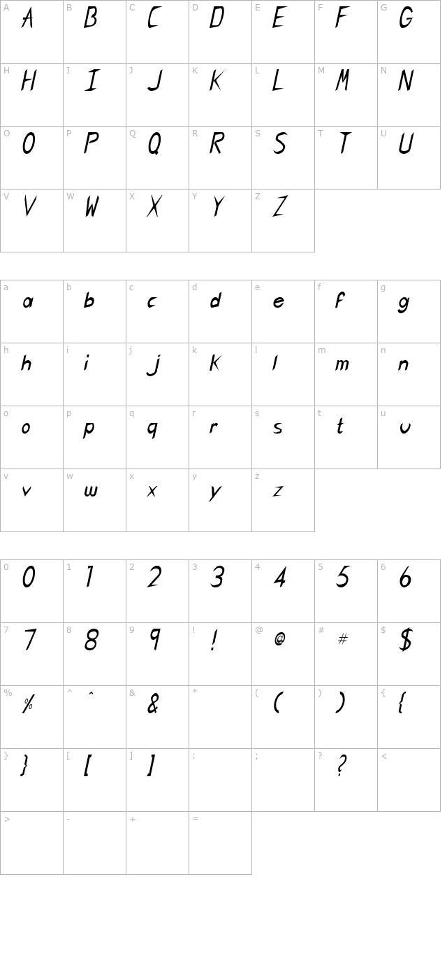 singaporecondensed-italic character map