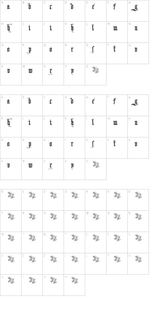 Skjend Hans Gotisk character map