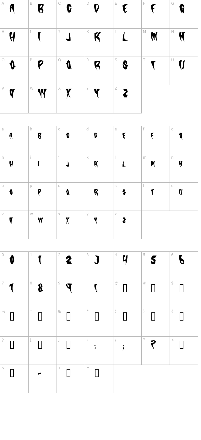 slashercondensed-bold character map
