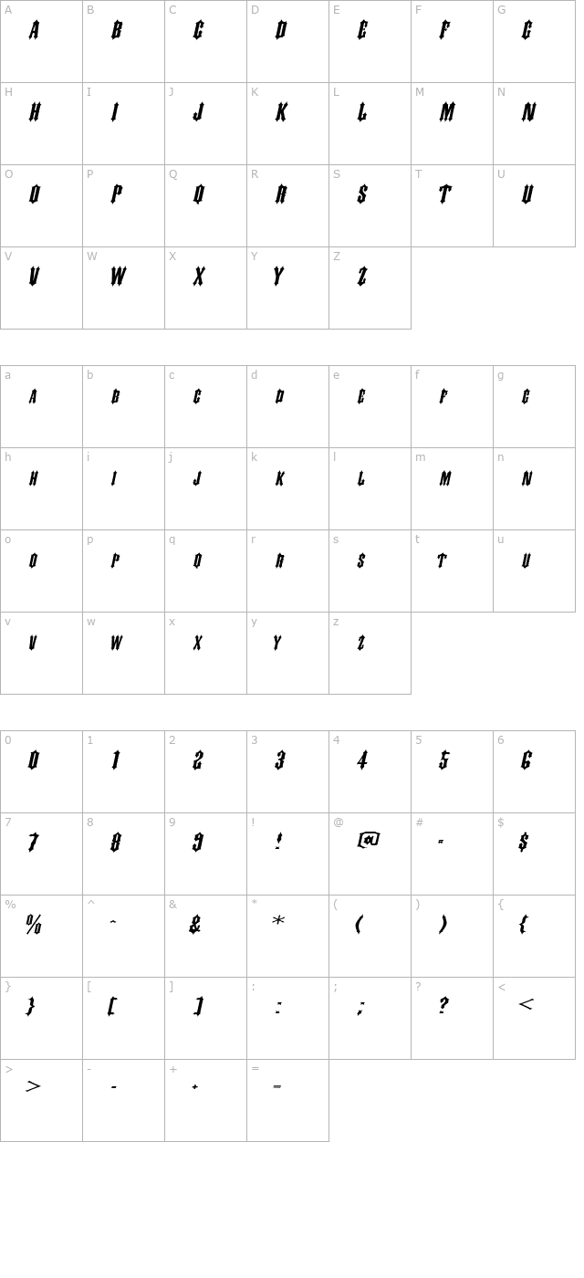 SlayerExtended Italic character map