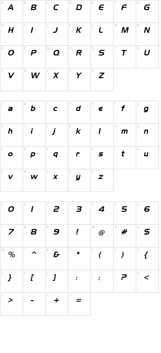 slicker-italic character map