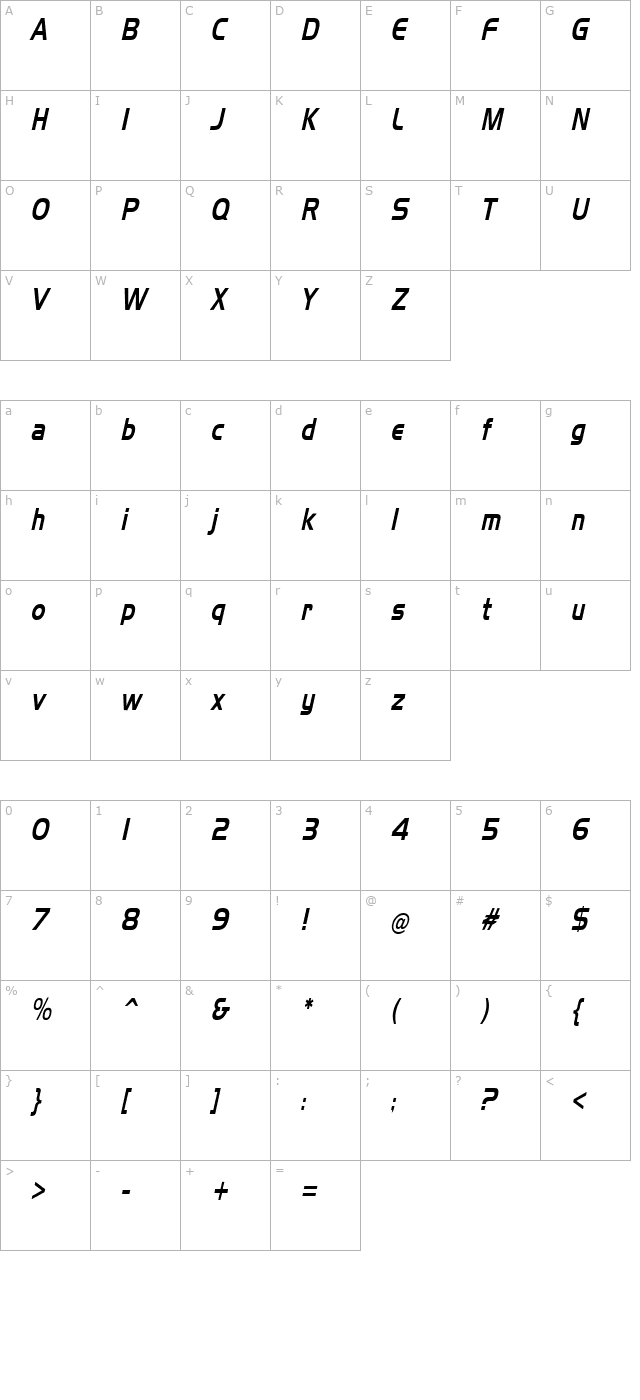 slickerest-italic character map