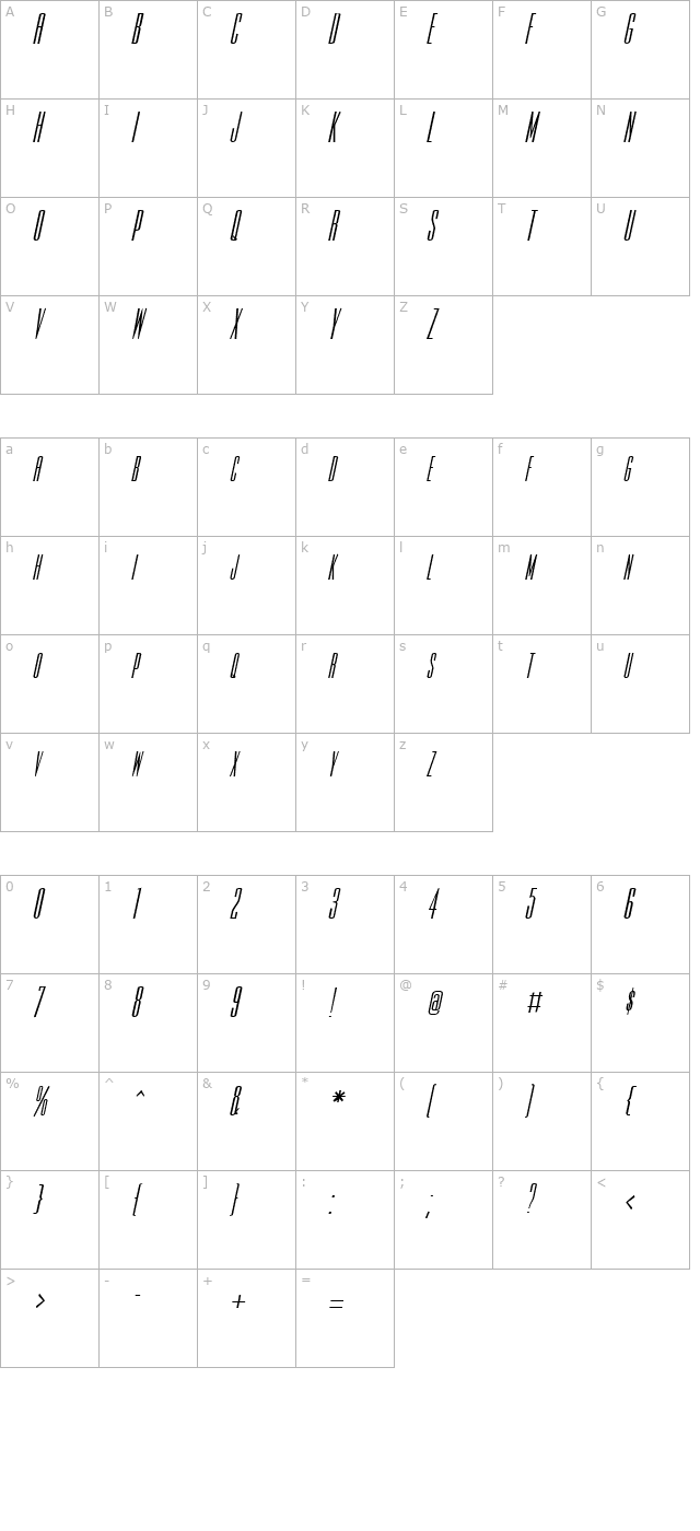 slim-jim-bold-italic character map