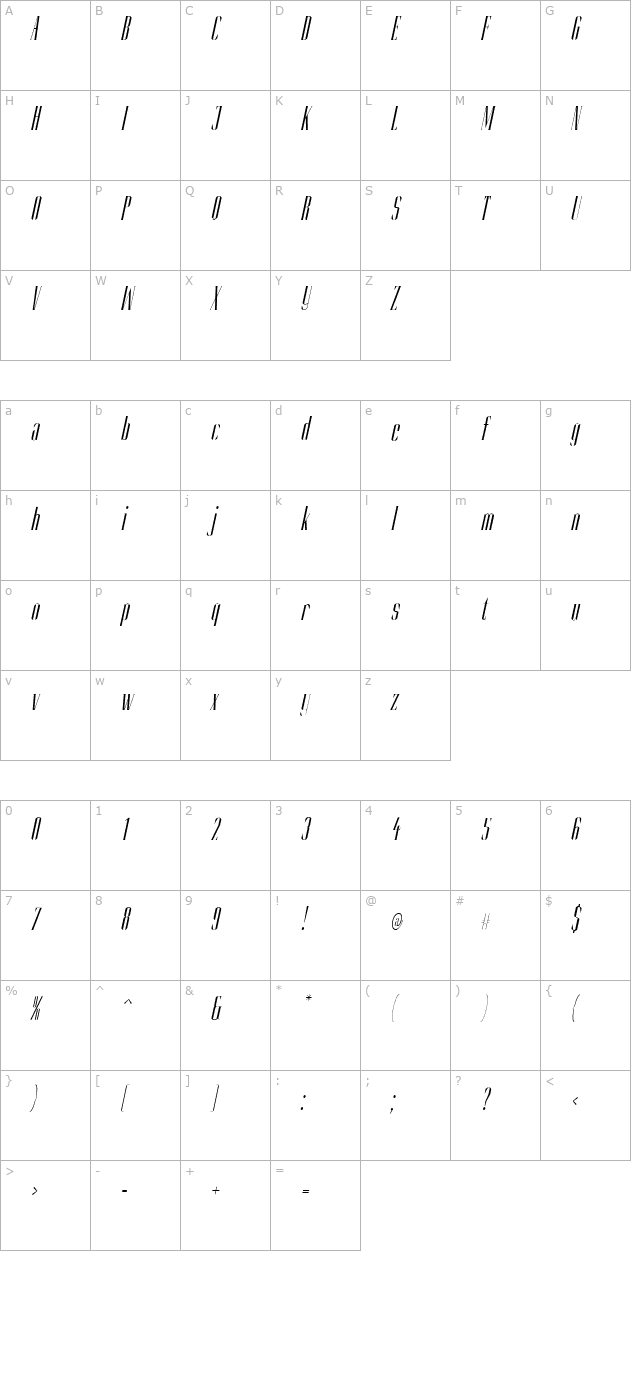 Slim Kim Light Italic PDF character map