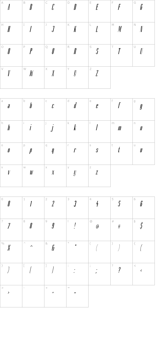 Slim Kim Plain Italic PDF character map