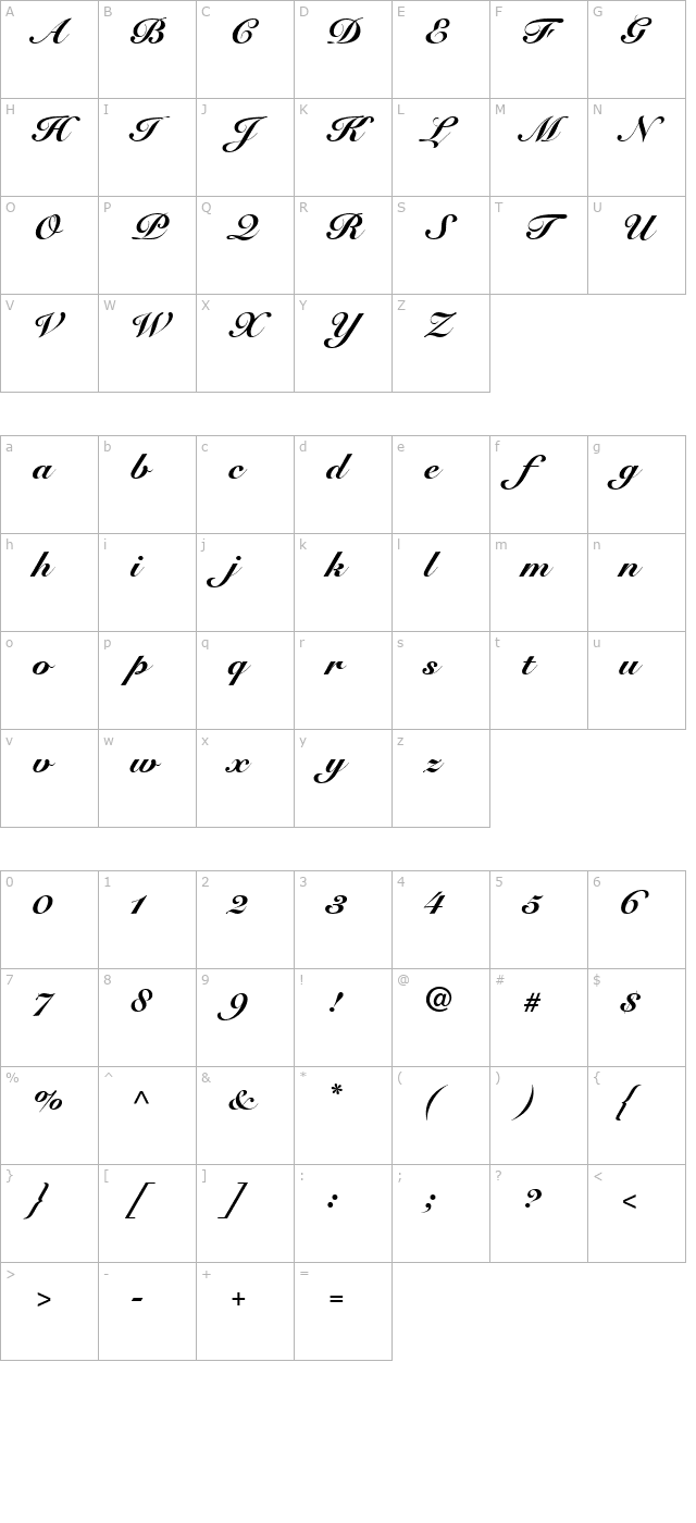 snellroundhandscript-black character map