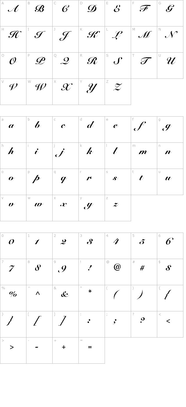 snellroundhandscriptblack character map