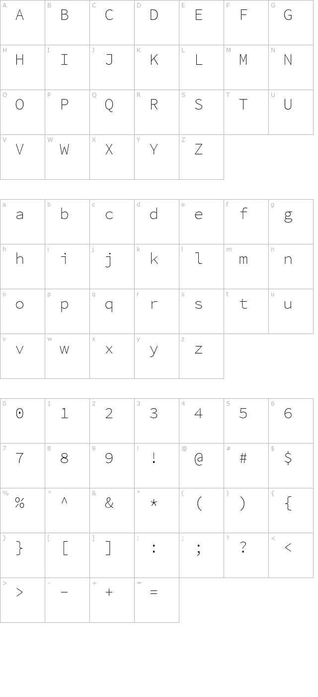 Source Code Pro ExtraLight character map