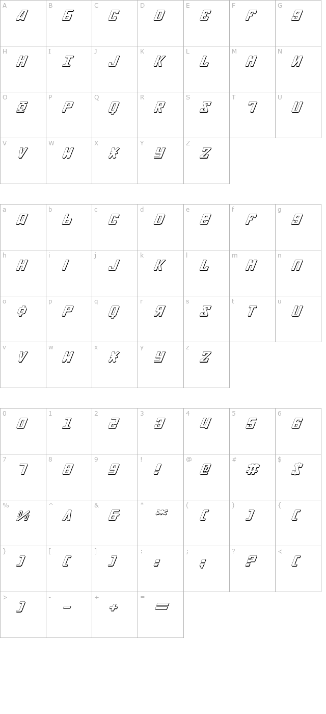 Soviet 3D Expanded Italic character map