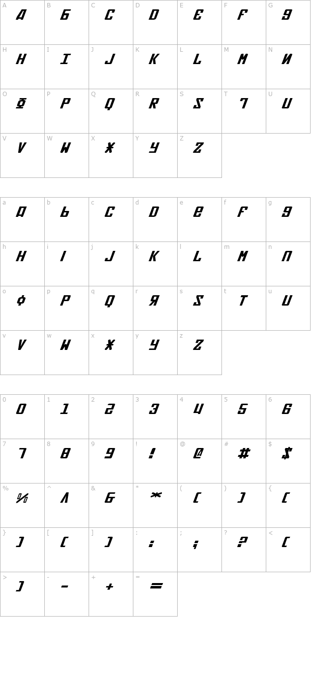 Soviet Expanded Italic character map