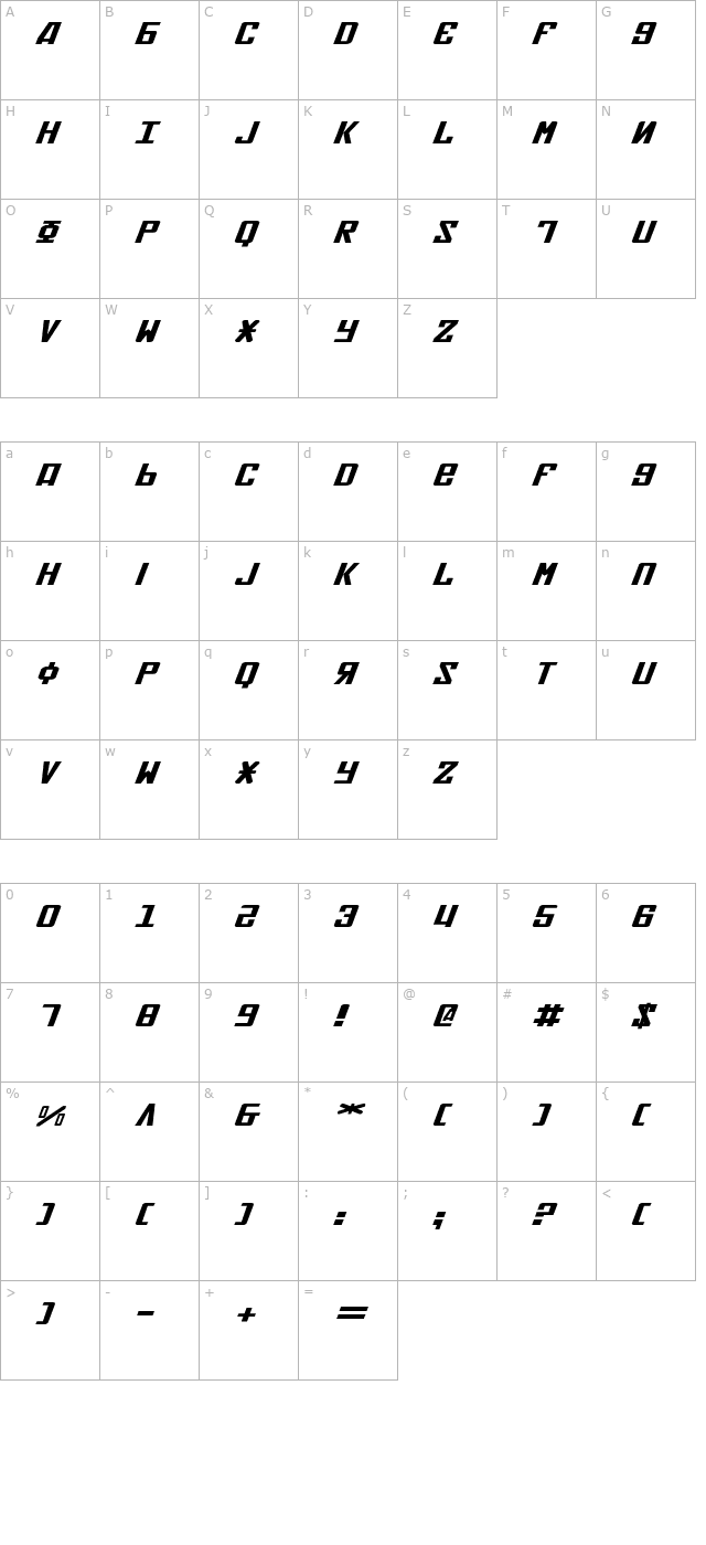 Soviet Extra-Expanded Italic character map
