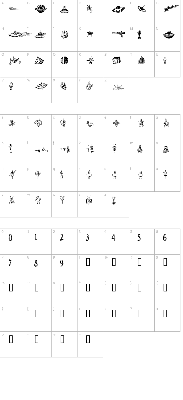 Space Woozies Extras character map