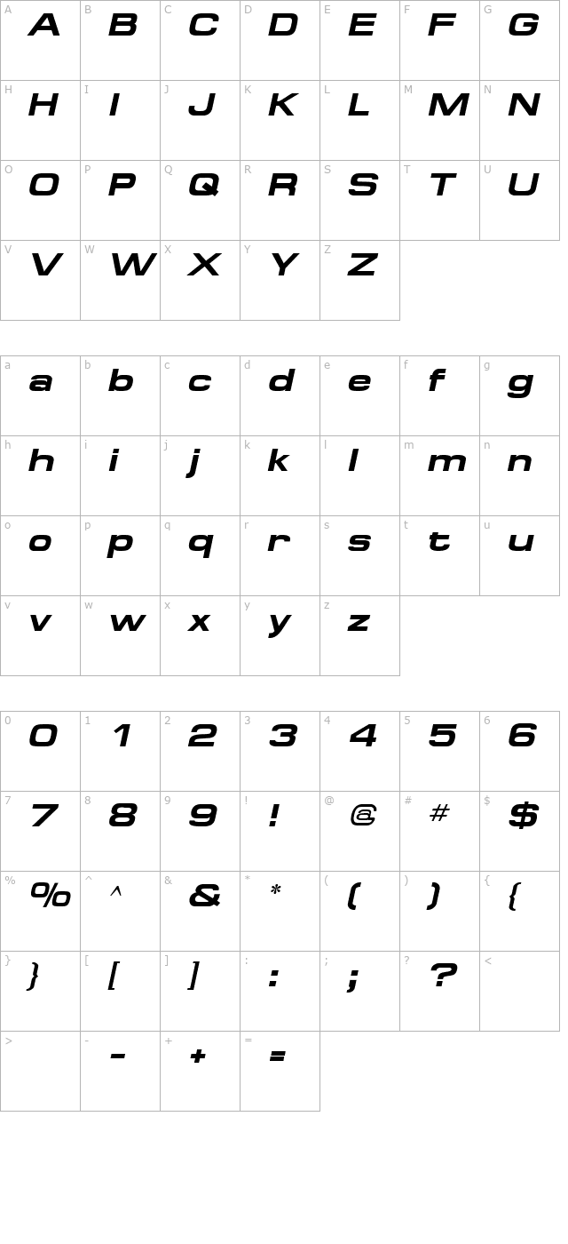 SpaceOutBold Italic character map