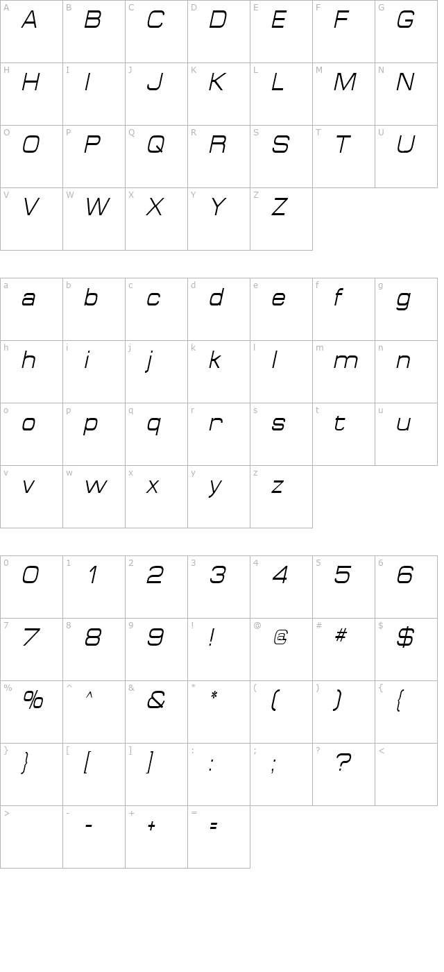 SpaceOutCondensed Italic character map