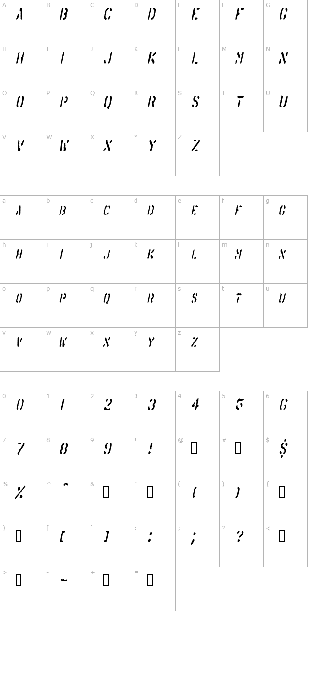 SprayStencilCondensed Oblique character map