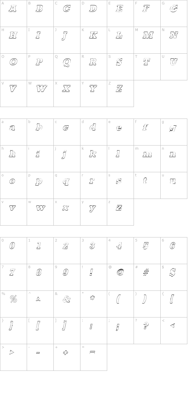 StaffordOutline Italic character map