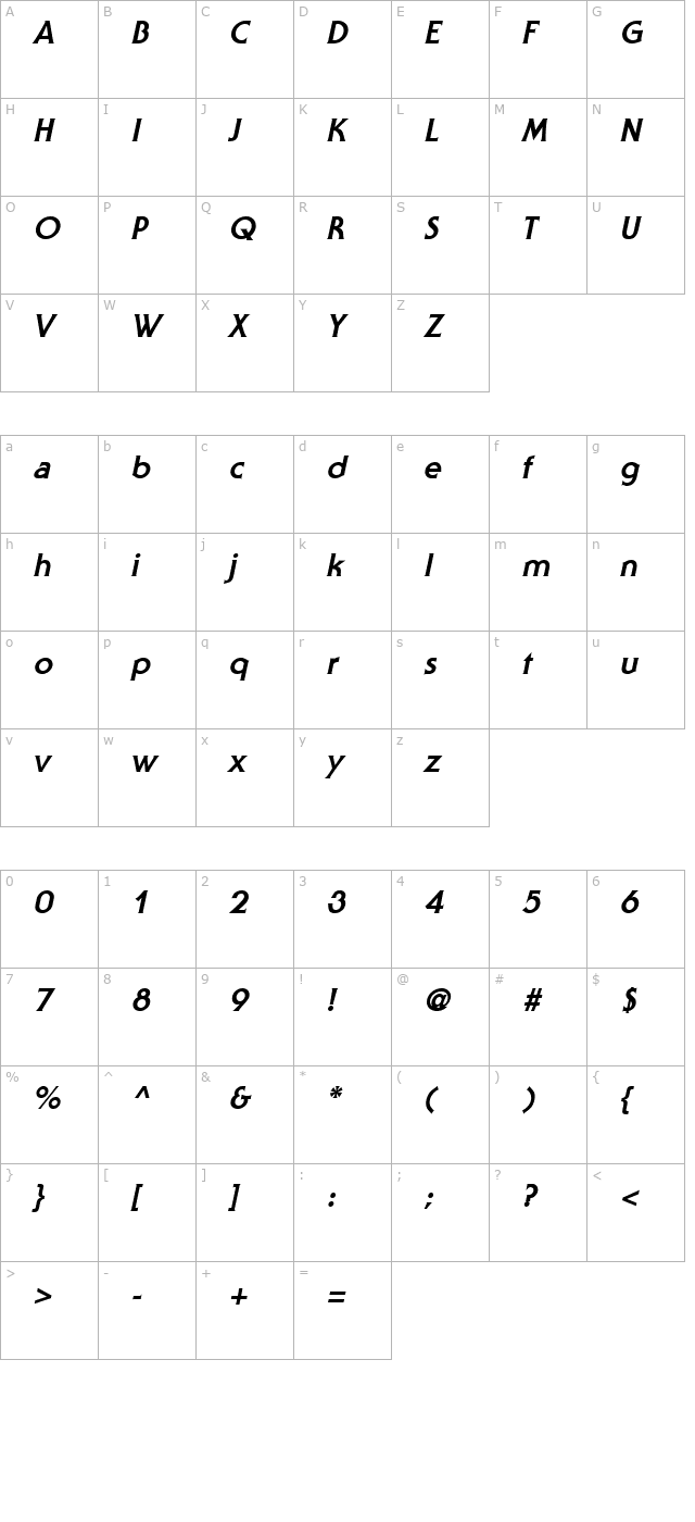 Staid Gothic ExtraBold Italic character map