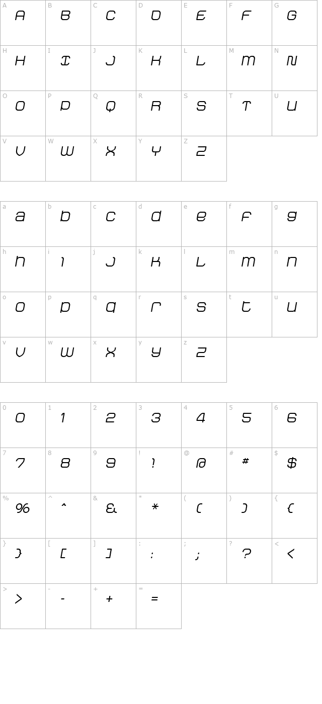 StakBold Oblique character map