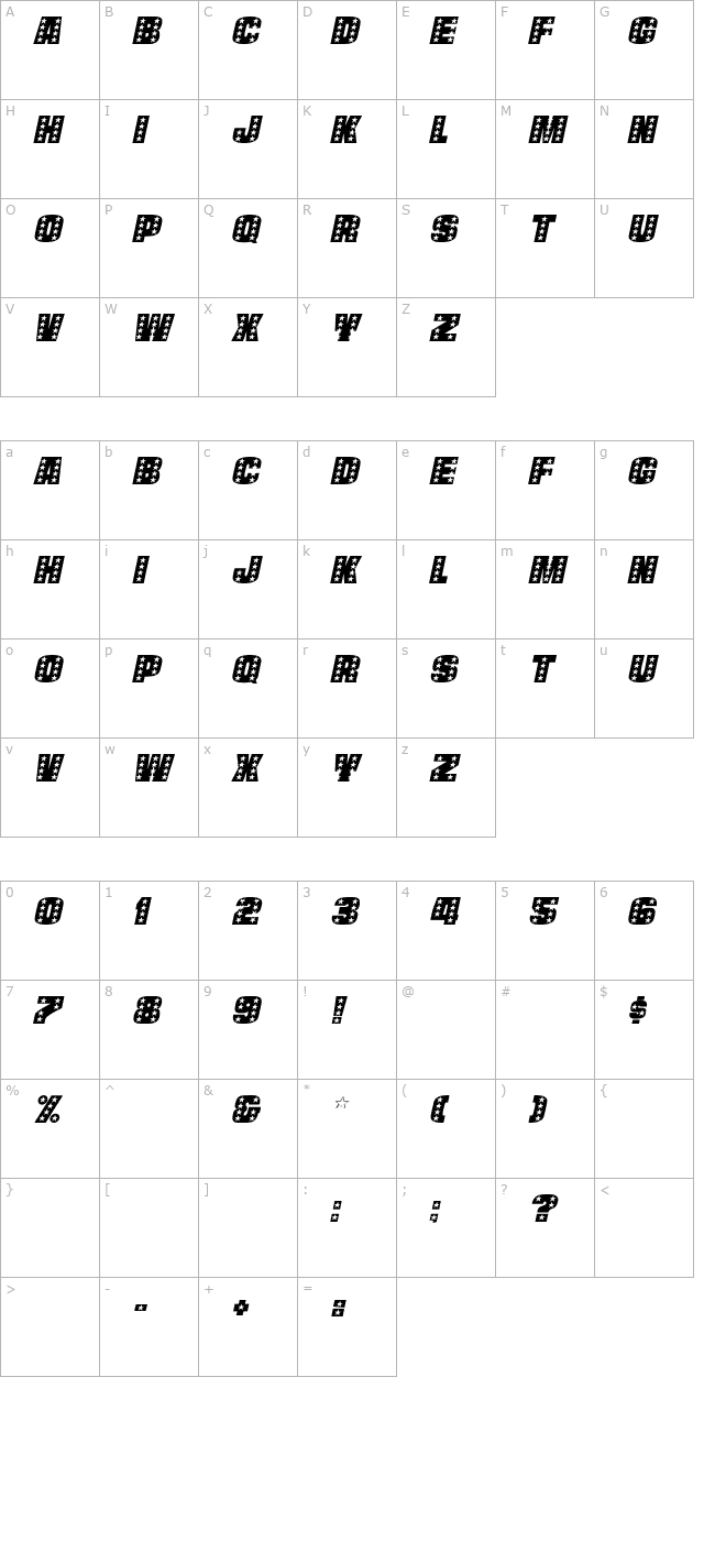 StarsCaps Italic character map