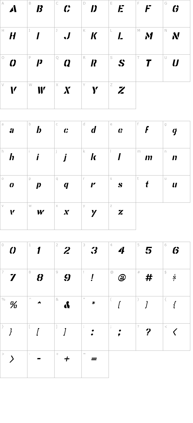 stencil-gothic-italic-jl character map