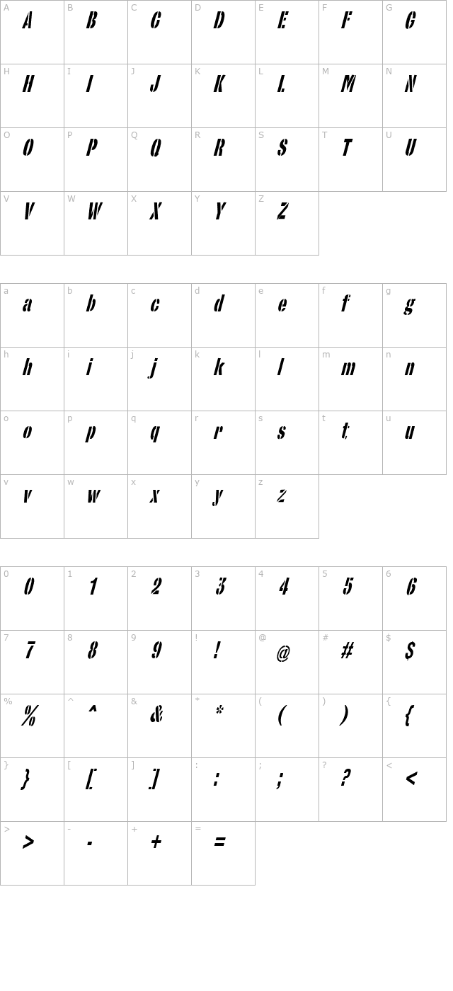 stencilsanscondensed-italic character map